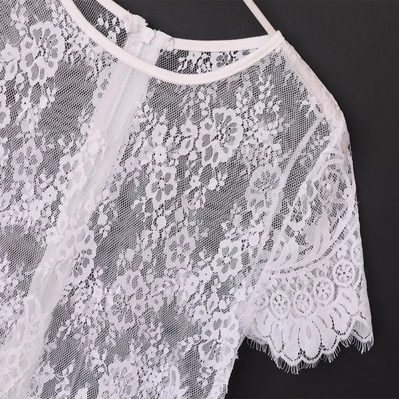 Женский сексуальный кружевной топ, Blusas Femininas, черный, короткий рукав, круглый вырез, с вырезами, на молнии