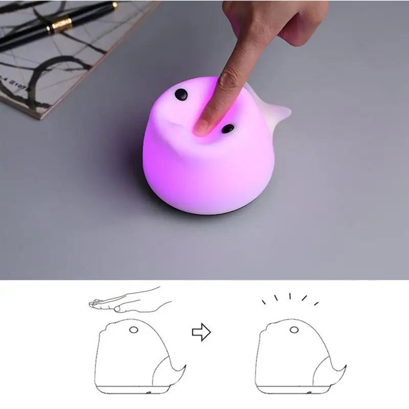 Soft Silicone LED Night Light Adorable Children Nursery Lamp Sensitive Tap Control Whale-shaped Mini Pat Lights USB Rechargeable | Лампы и