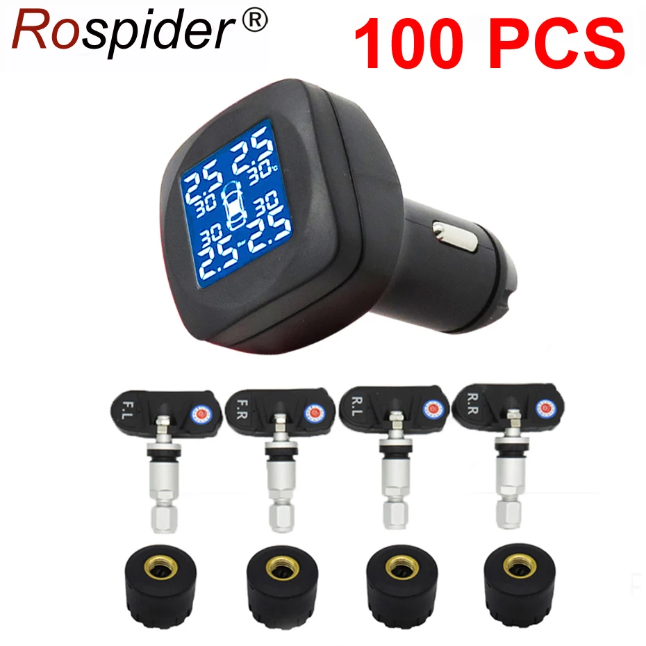 100 шт. в партии TPMS автомобильный датчик давления в шинах, 4 внешних датчика, Температурная сигнализация, прикуриватель Rospider T05W T05N