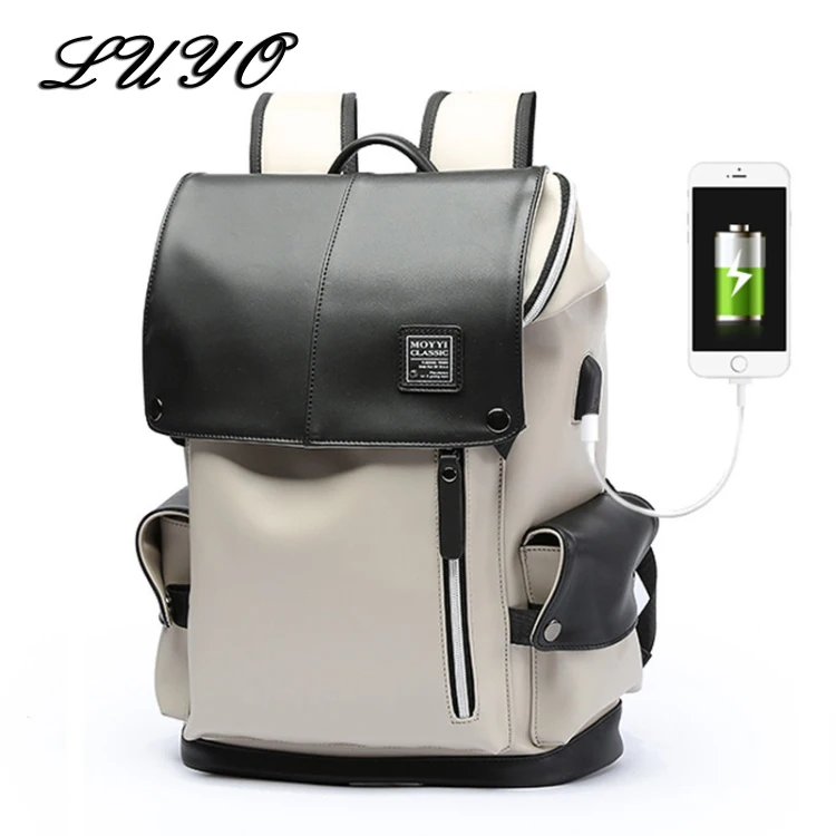 

LUYO Fashion High Quality Leather Travel Laptop Backpack Male With Usb Women Bagpack School Bags For Teenagers Leptop Drawstring