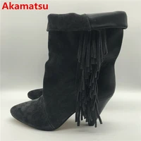 akamatsu 2021 ankle boots for women mid calf spike high heel cowboy boots black fringe botas feminina winter wedges shoes woman