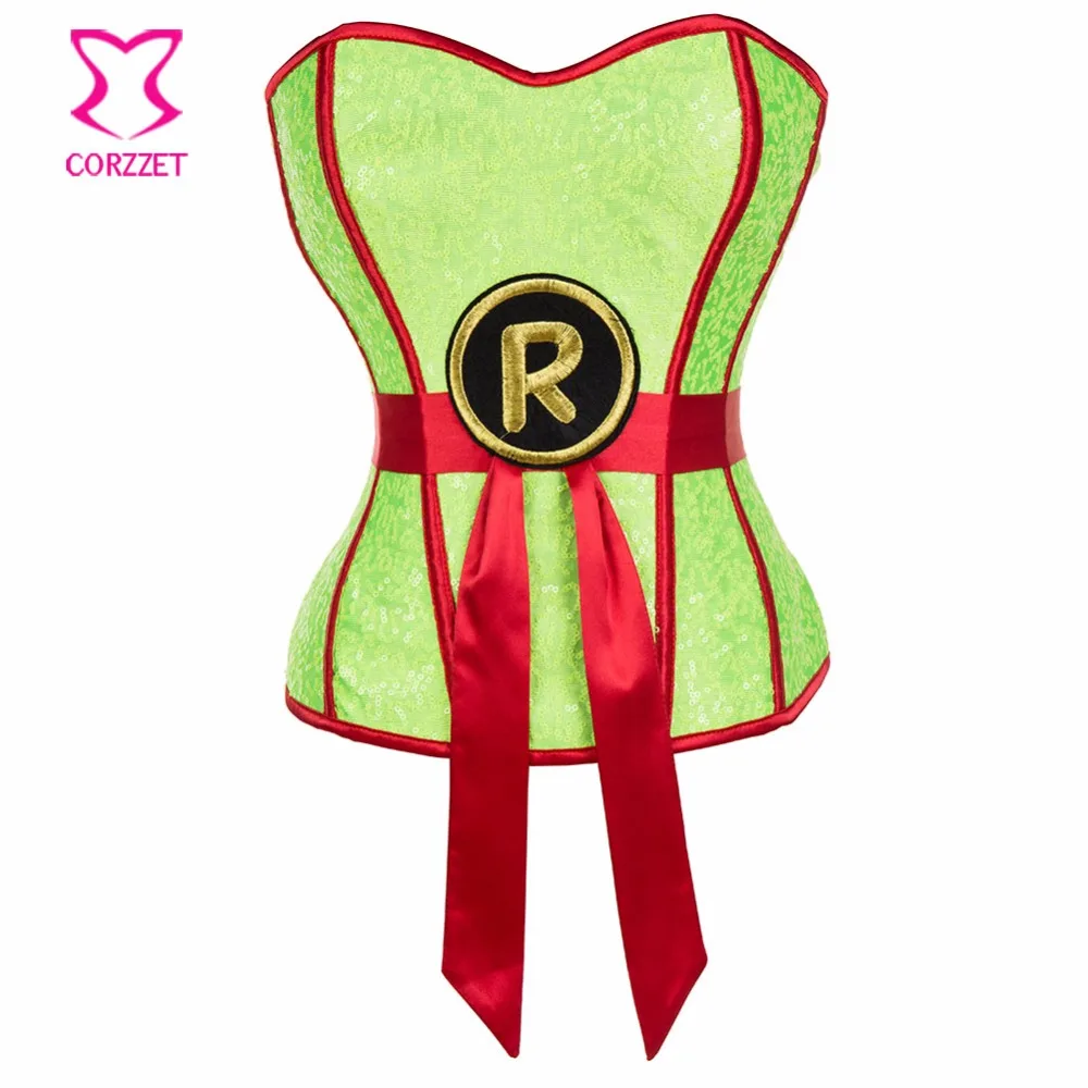 

Women Superhero Robin Corsage Corsets and Bustiers Burlesque Red Neon Green Sequin Corset Bustier Sexy Corselet Gothic Clothing