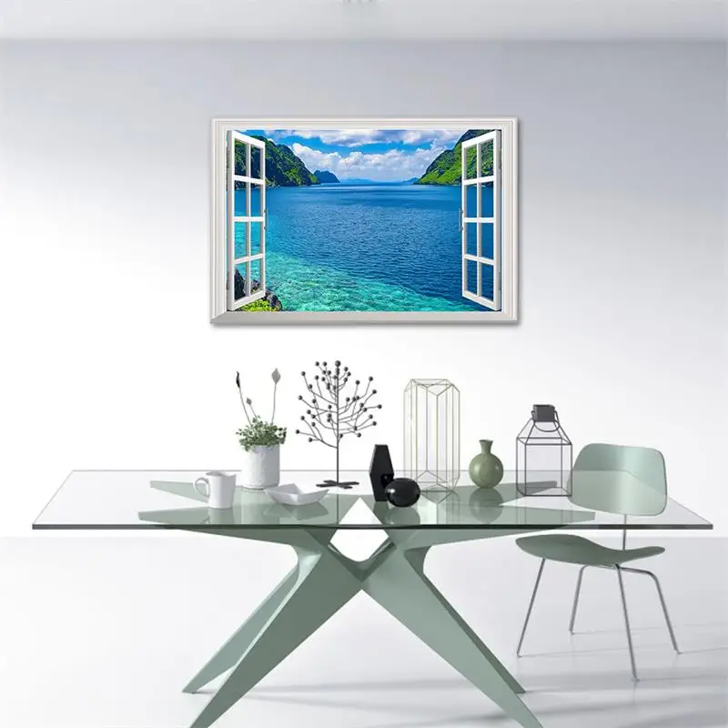 3D эффект окна пейзаж красивый синий морской пляж наклейка на стену искусственное