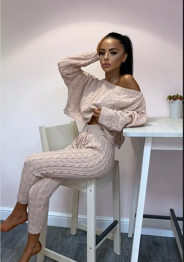 Pink Женские мягкие удобные брючные костюмы, женский однотонный вязаный свитер с круглым вырезом, повседневные свободные трикотажные брюки, комплекты костюмов - Color: Pink