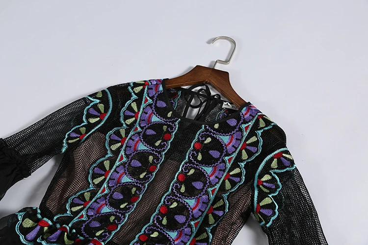 Высокое качество Vestidos длиной до щиколотки Лето женское открытое роскошное модное платье с расклешенными рукавами Черное вышитое этническое длинное платье