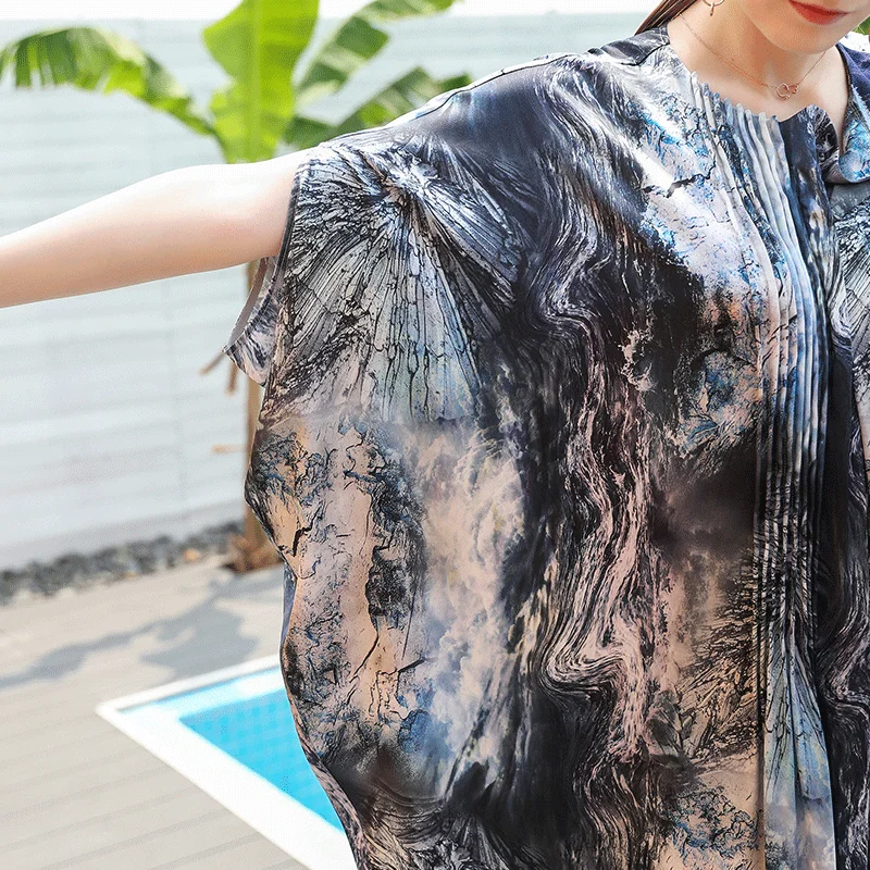 VOA Silk Robe Stain Muslim Dresses Women Clothes Casual Loose Plus Size Long Dress Printed Bat Sleeve Abaya Dubai Kaftan A701 |