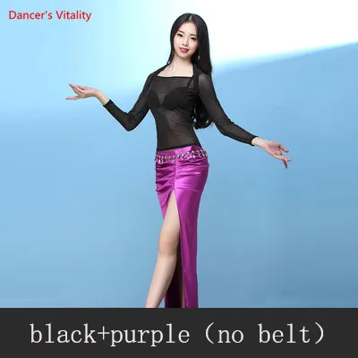 black vs purple Профессиональный танец живота одежда сетки сексуальные длинные рукава топ+ длинная юбка 2 шт танец живота набор для женщин Танец живота Костюм - Цвет: black vs purple