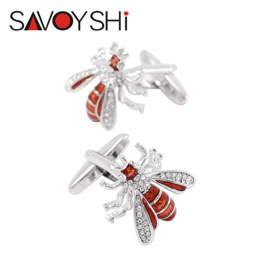 Cufflinks Savoyshi фирменный 3D искусственная пчела запонки мужские рубашки манжеты аксессуары кристалл животных Красная эмаль запонки модный дизайн ювелирных изделий - Окраска металла: Cufflinks