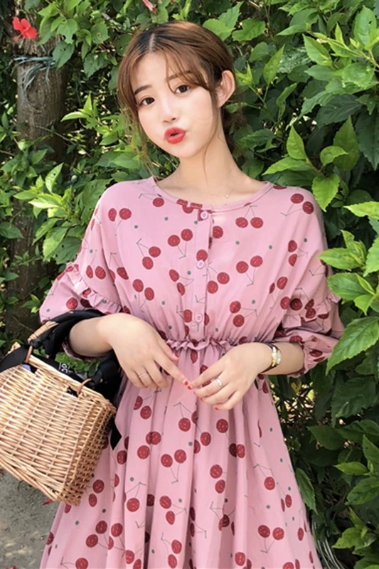 

Summer Dress 2018 New Sweet Cherry Printed Female A-line Knee-length Party Dress Women