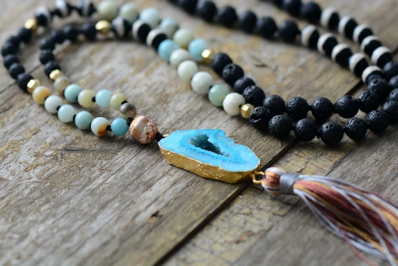 Druzy ожерелье Lava Stone Dzi Onyx с позолоченным Druzy длинное кистовое ожерелье женский кулон из друзы Узелок бусы ожерелье