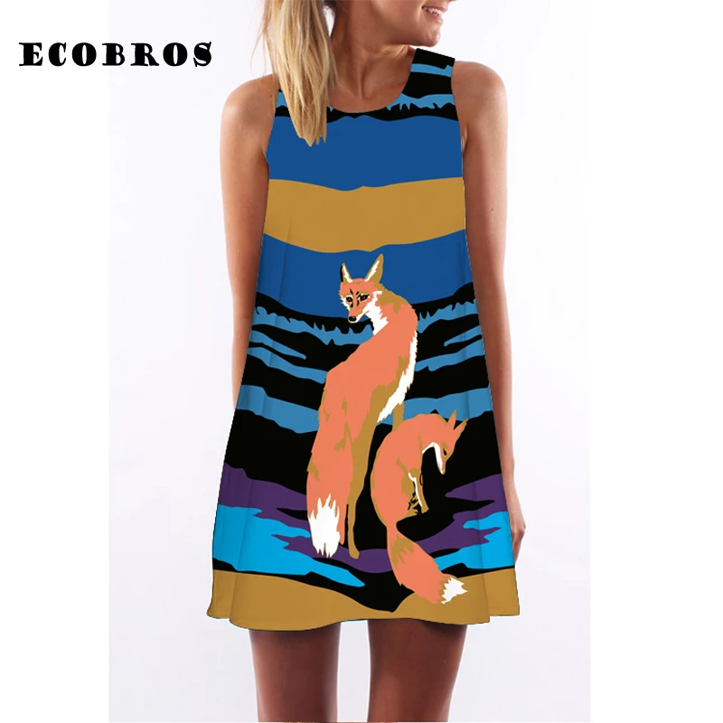 Платье ECOBROS женское повседневное без рукавов с принтом лисы выше колена большого