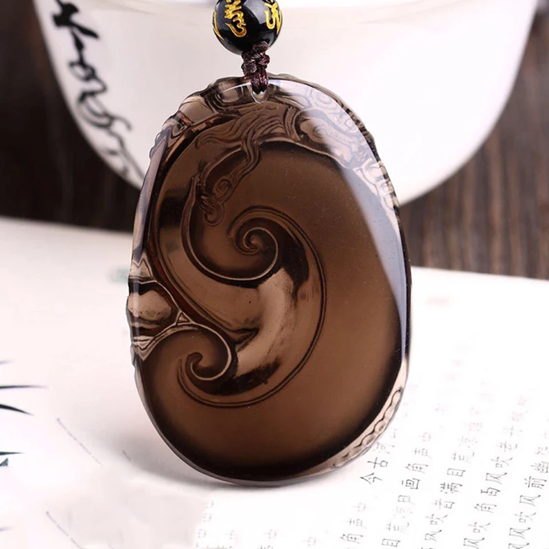 Ожерелье с натуральным обсидиановым камнем ледяного цвета кулон драконом для