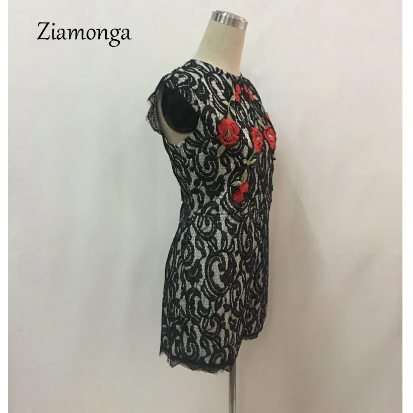 Ziamonga Сексуальное Черное Кружевное боди Женский комбинезон с вышивкой