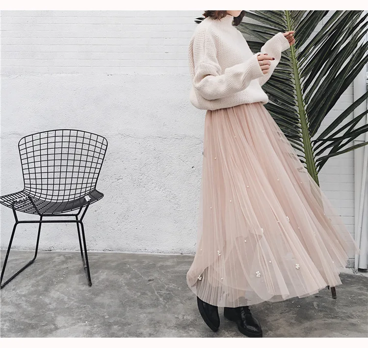 Faldas Mujer Moda корейский Бисер плиссированная юбка Высокая Талия Длинные юбки, женские Юпи Тюль Femme, Spodnica plisowana
