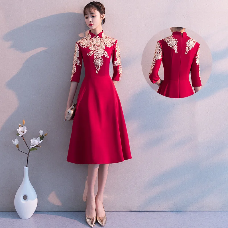 Chinoise Вечерние платья Длинные Qipao Свадебные невесты вышивка красный Традиционный ченсам китайское платье одежда Вечерние платья - Цвет: long style collar