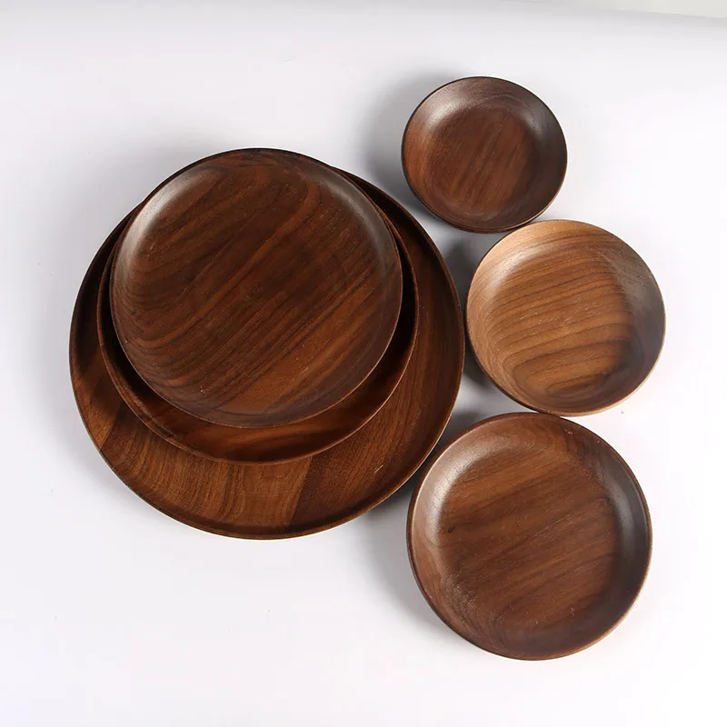

Wood Plate Round Solid Walnut Wood Pan Plate For Bread Fruit Dishes Saucer Tea Tray Dessert Dinner