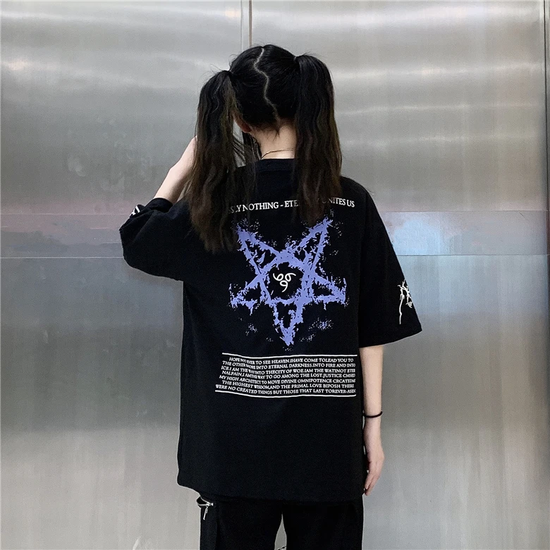 Harajuku Darkness женская футболка фиолетовая молния звезды печатные o-образным вырезом с коротким рукавом черный серый повседневные женские футболки Готический Тройник