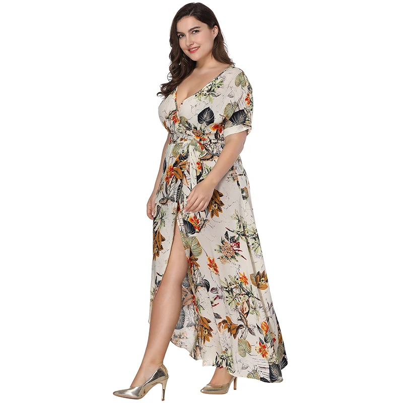 Женское длинное платье с V образным вырезом коротким рукавом и цветочным