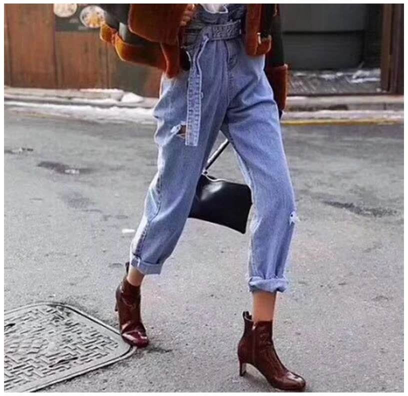 Retro High Rise Denim Pants Women Harem Capris Sash Tie Belt Ripped Holes Autumn Cuff Up Jeans IG Black Oversized Loose Trousers | Женская