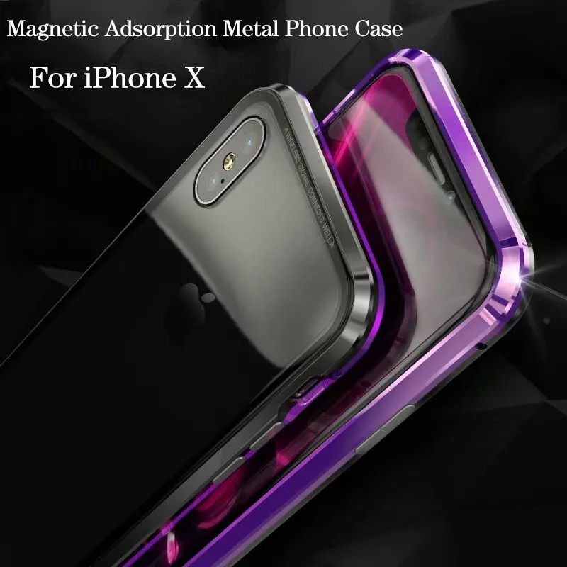For iPhone X xs Luxury Ultra Magnetic Adsorption Case iPhoneX Magnet Metal bumper Tempered Glass back hard Cover |