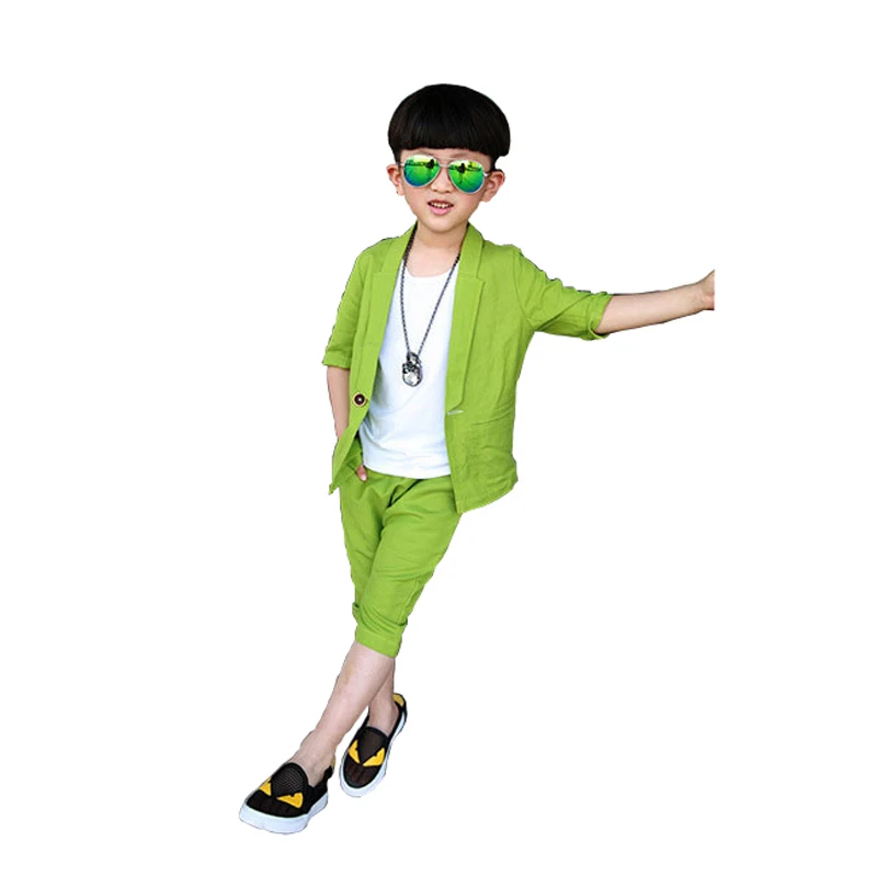 ActhInK New Boys Summer Linen Clothing Set Kids Formal Short Sleeve Blazer Suits Children Loose Shorts Solid Costume for | Детская