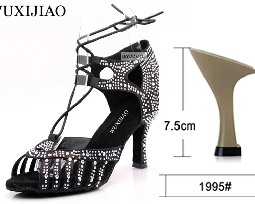 black heel 7.5cm WUXIJIAO Новые бежевые и черные атласные Сальса Обувь для танцев мягкая подошва Латинской кизомба Танго бальных танцевальные туфли, каблук 6/7. 5/8. 5/10 см - Цвет: black heel 7.5cm