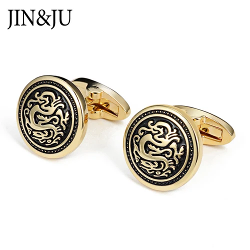 Gold Color JIN& JU, мужские ювелирные изделия, Круглые, Ретро стиль, дракон, дизайн, живопись, запонки для моды, металлические запонки, рубашки, запонки, бизнес подарок - Окраска металла: Gold Color