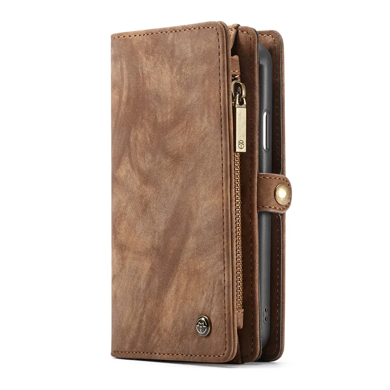 Brown Ретро многофункциональный флип из искусственной кожи чехол для iPhone 11 11 Pro Max X XR Xs Max 6 6S 7 8 съемный магнитный чехол-кошелек на молнии - Цвет: Brown