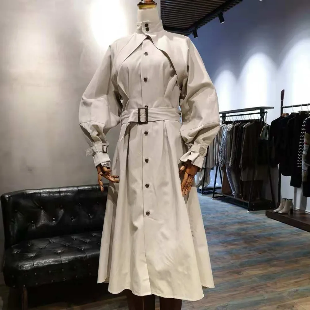 2021 New Spring fashion Stand Collar Long Sleeve Personality Wiast Tie Loose single breasted Women trench Coat | Женская одежда