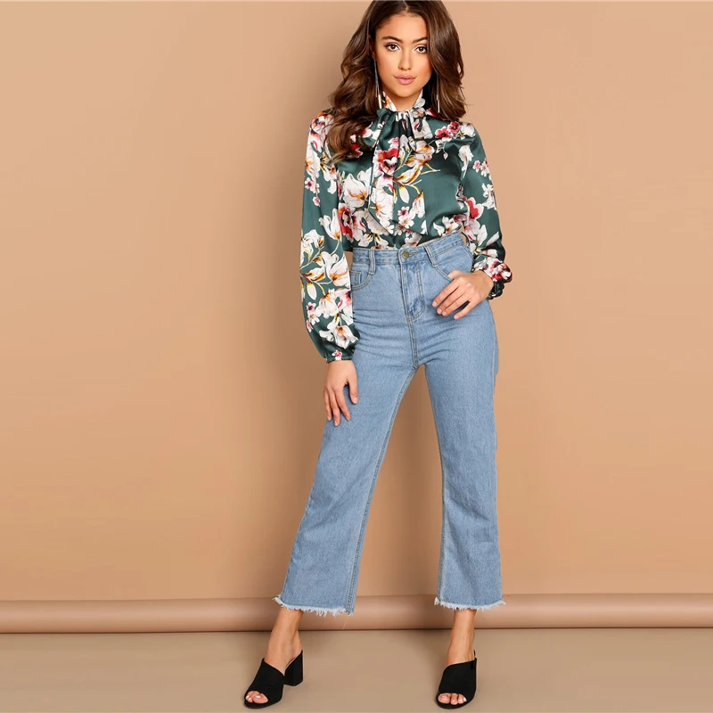 SHEIN Нарядная Атласная Блузка С Цветочным Принтом Блузка С Длинным Рукавом И Бантом