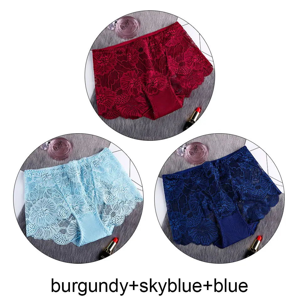 burgundy skyblue blu 3 шт., женские трусы, партия, сексуальные кружевные трусы с высокой талией, прозрачное дышащее нижнее белье, бесшовное белье, Cullote Femme L-XXL - Цвет: burgundy skyblue blu