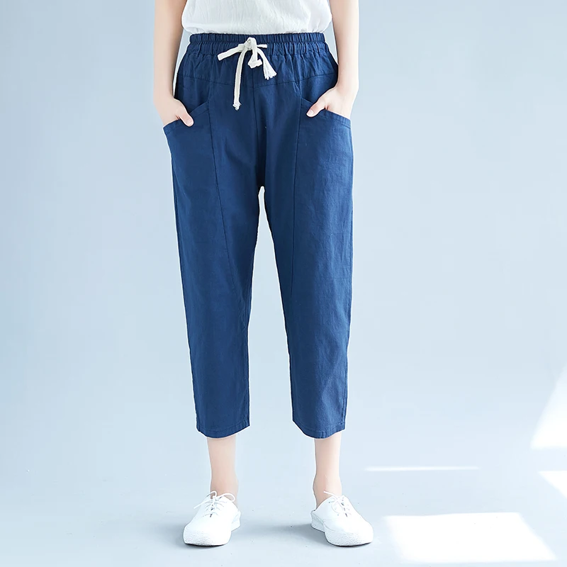 ilstile 2018 Women Cotton Linen Solid Harem Pants Summer Casual Loose Ankle-Length Elastic Waist Trousers Fashion New | Женская одежда