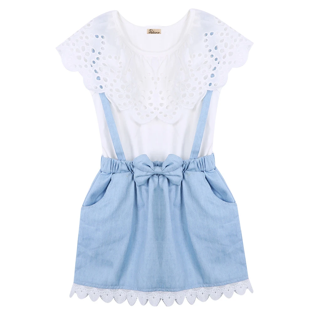 Summer 2017 Kid Baby girls short sleeve T shirt blouse +cowboy vest fake 2pcs Clothing sets | Детская одежда и обувь