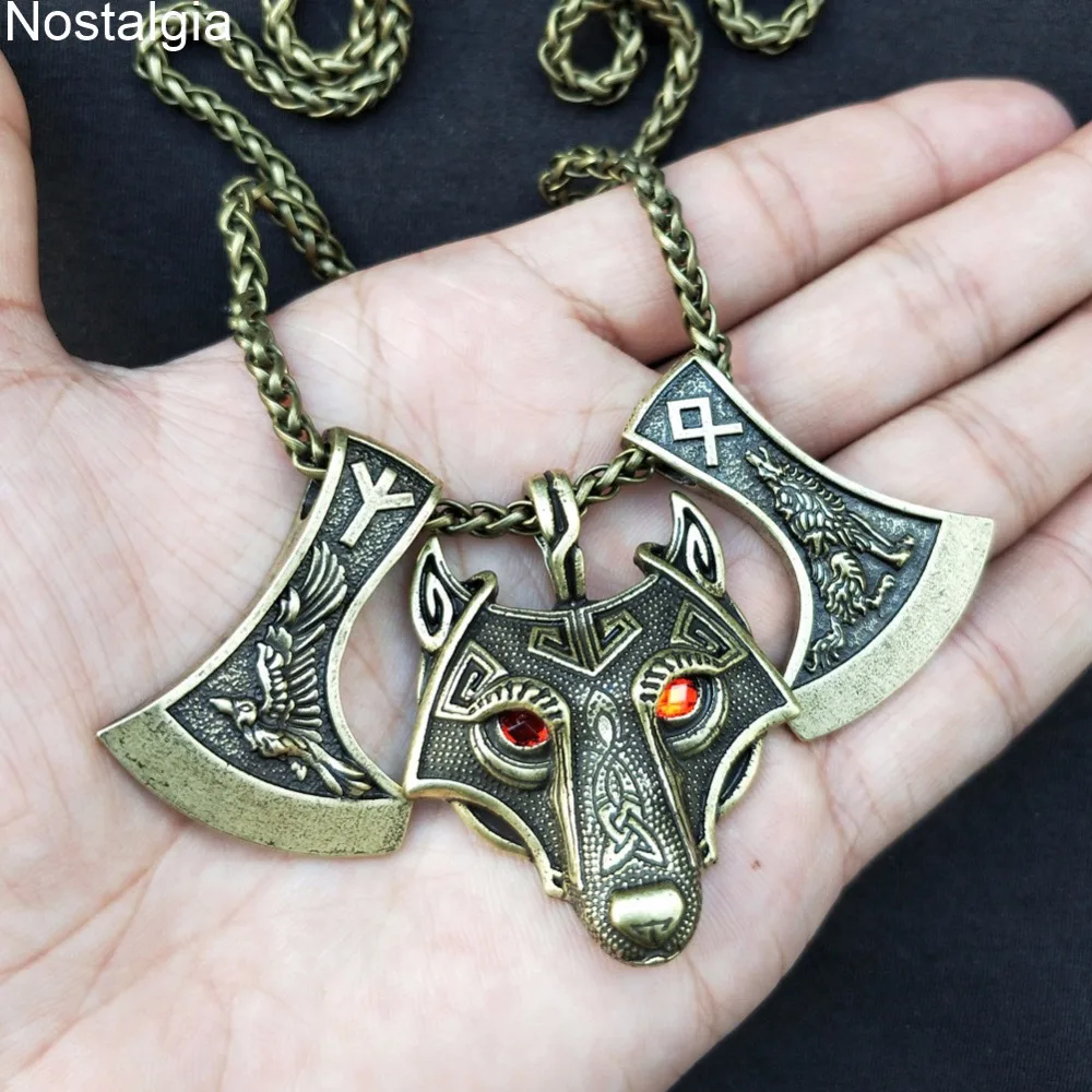 Ностальгия Goth Wolf и Raven гравировка на Славянском топор Perun Runes отала ALGIZ колье с