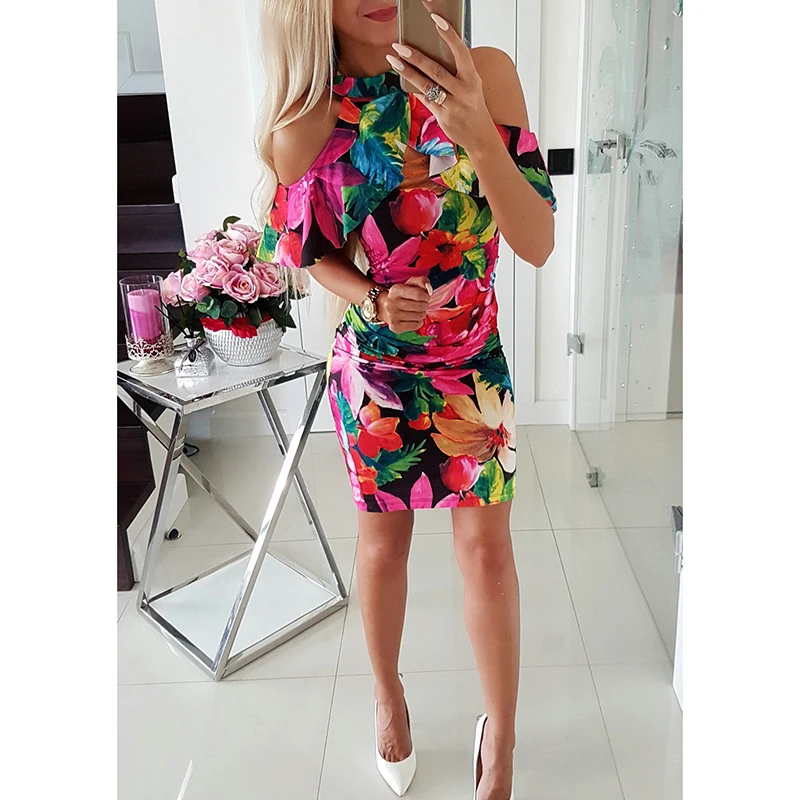 Женское облегающее платье с цветочным принтом повседневное офисное лямкой на