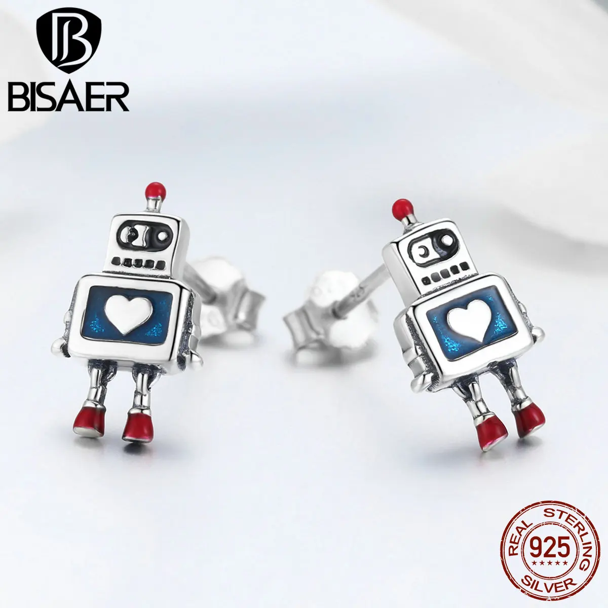 BISAER Лидер продаж 925 пробы серебряные серьги-гвоздики с роботом для женщин игрушечные серьги-гвоздики модные ювелирные изделия ECE477