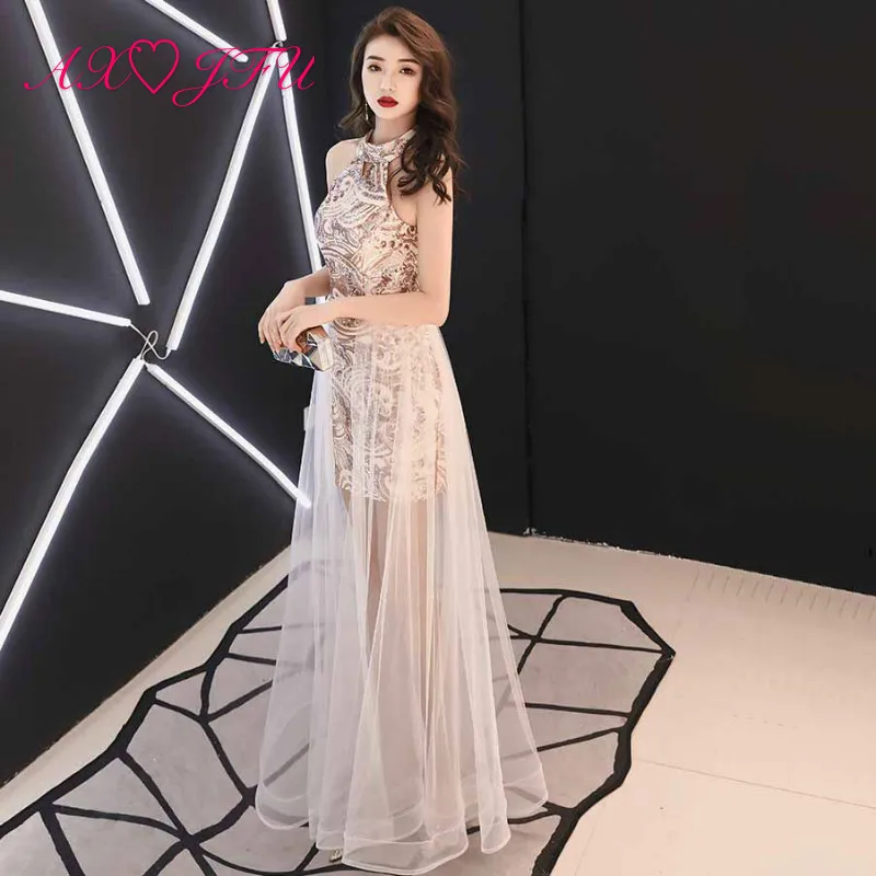 

AXJFU princess golden lace flower evening dress vintage halter sleeveless beading sparky gold evening dress little black dress
