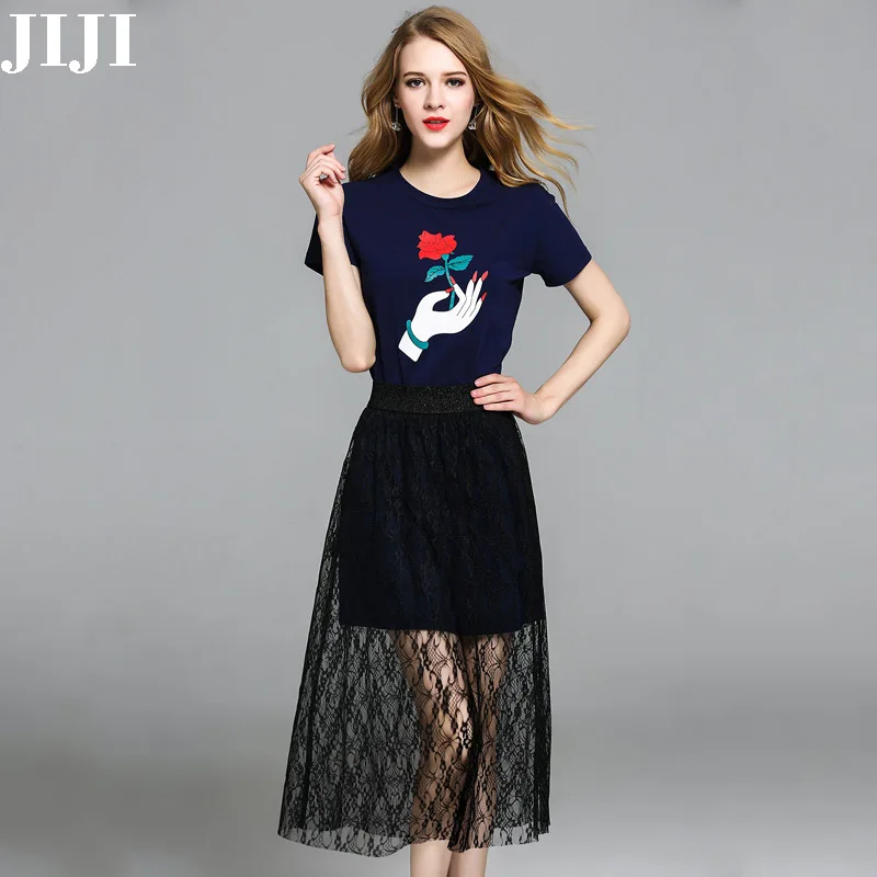 Jiji Новое поступление Летнее печатных символов хлопок кружево o-образным вырезом