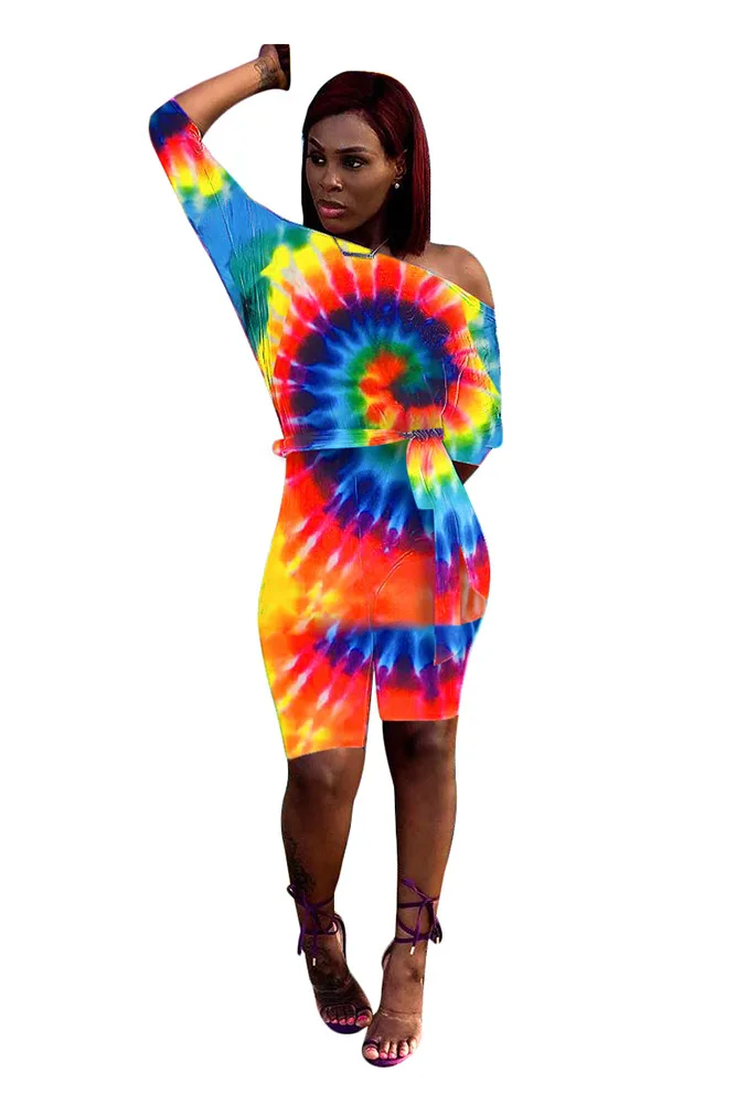 Yellow Радужный Tie Dye сексуальный обтягивающий комбинезон для женщин с вырезом лодочкой и длинным рукавом цельный комбинезон летний пляжный костюм с открытой спиной - Цвет: Yellow