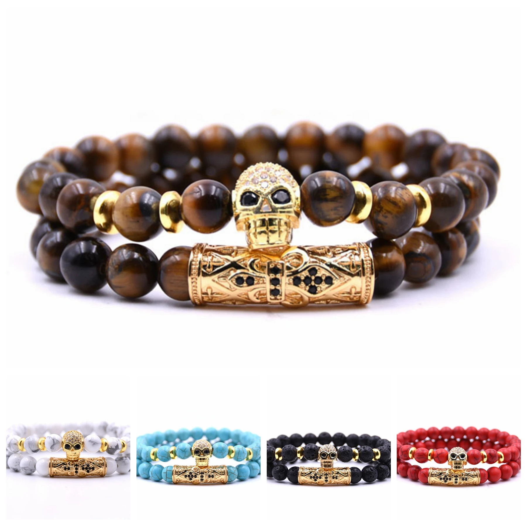 2PCS/Set Gold Copper Skull Charms Bracelets Black Micro Inlay Skeleton Lava Stone For Men Women Elastic Jewelry 2018|Плетеные