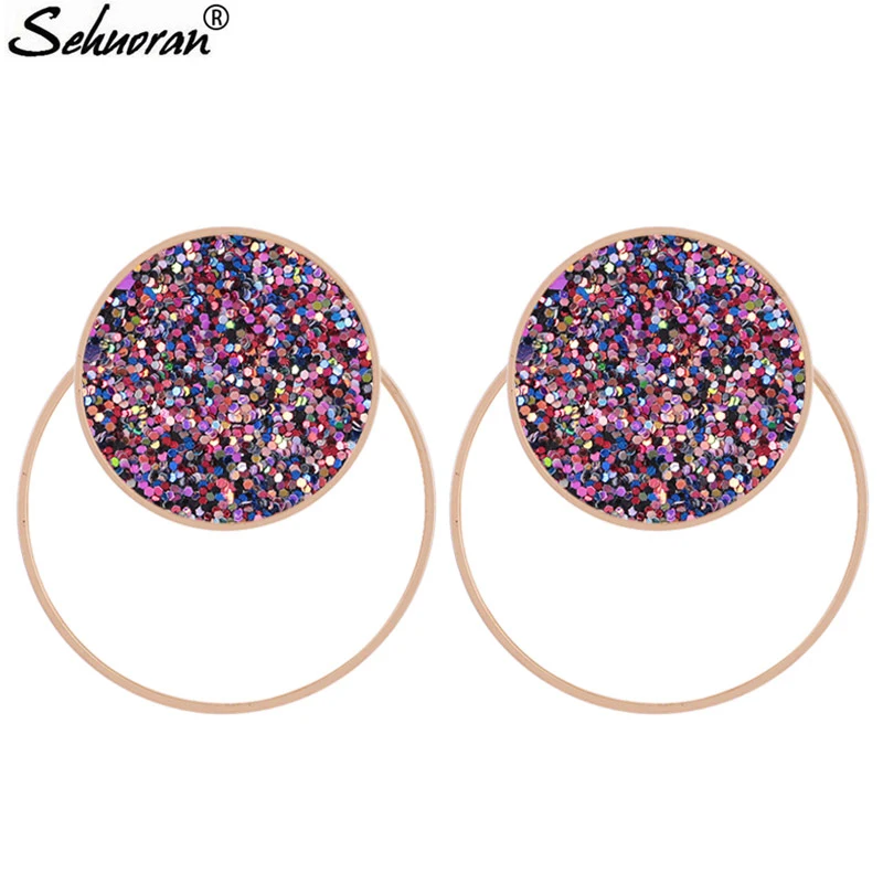 

Sehuoran Stud Earrings For Women Large Oorbellen Flash Colorful Leather Big Pendientes Bohemian Luxury Statement Earings Long