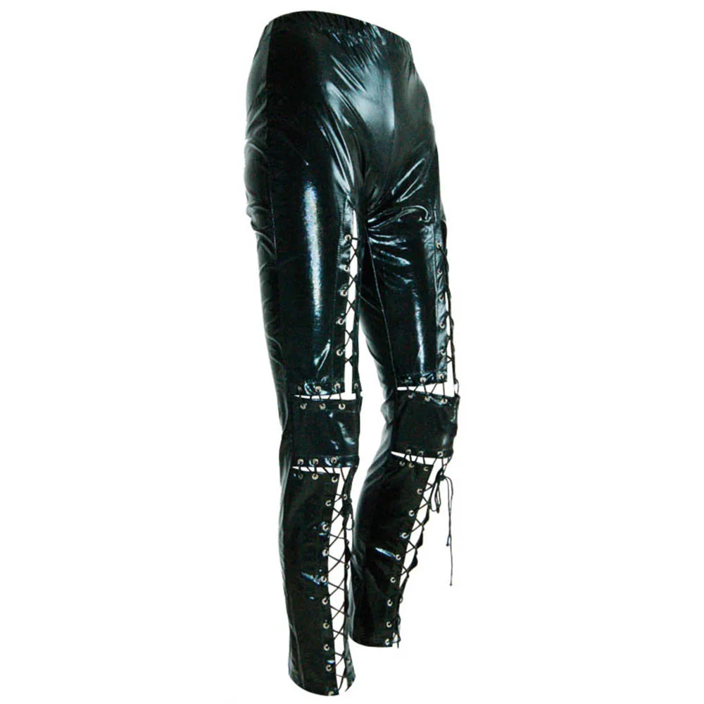 Plus Size Black Sexy Wetlook Leather Leggings Bandage Exotic Women Faux Leather Legging Skinny Lace Up Pantalon Gothic Pants
