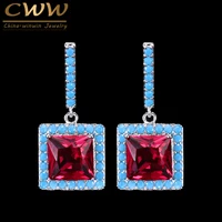 cwwzircons 2022 new fashion turkish light blue and red cz crystal elegant square drop dangle earrings for women cz119