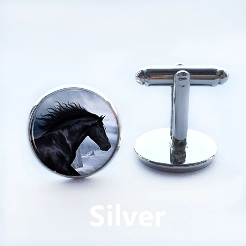 2015 Fashion Men's Gift Jewelry Cuff Links White Golden Plated Link Round Animal Horse Pattern Designer Brand Cufflinks Men | Украшения