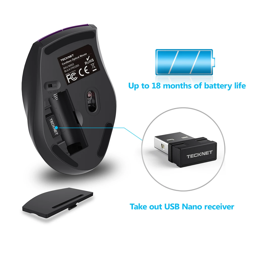 TeckNet Wireless Mouse 800dpi 1200dpi 1600dpi 2000dpi 2400dpi Adjustable with Nano Receiver For Laptop Gaming Computer |