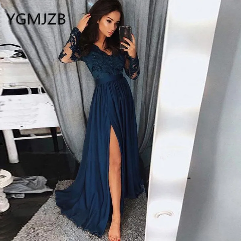 Вечерние платья с длинным рукавом 2019 ТРАПЕЦИЕВИДНОЕ ПЛАТЬЕ С v-образным вырезом и