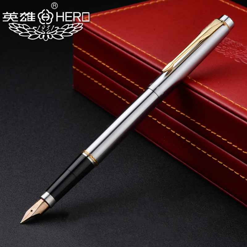 Hero 200A 14K Gold Collection All Steel Silver Fountain Pen Golden Clip Fine Nib 0.5mm Gift Pen and Gift Box for Business Office