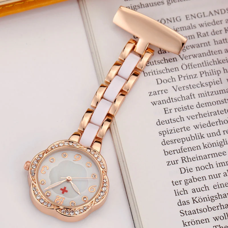 rose gold Брошь "врач скорой помощи" контактный медицинский ФОБ часы для медсестер подарок Женская Сережка-на защелкой из нержавеющей стали для Сталь карманные часы с украшением в виде кристаллов с цветочным узором - Цвет: rose gold