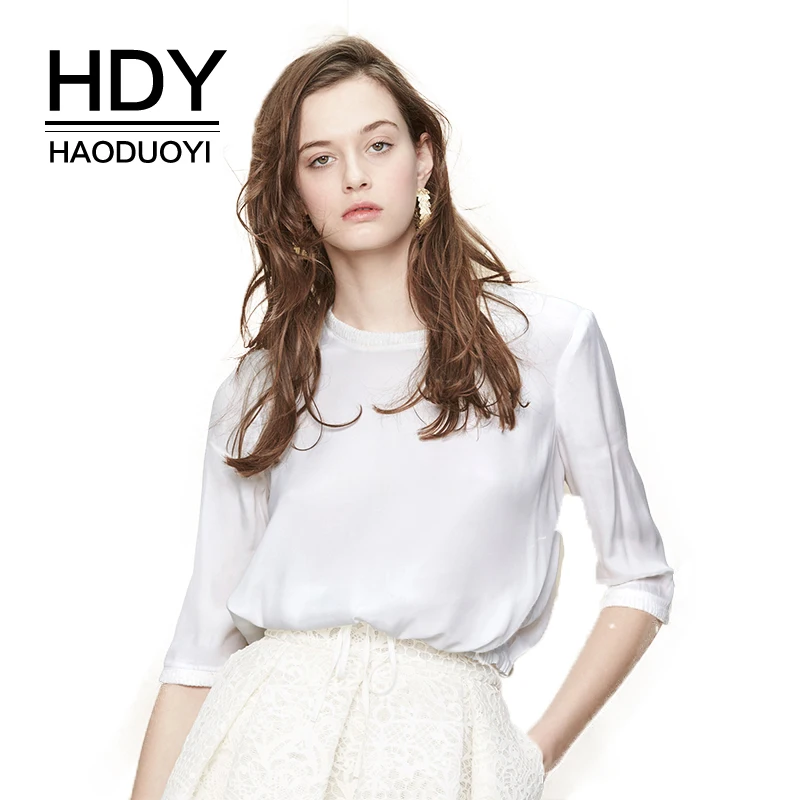 Женская футболка HDY Haoduoyi белая Повседневная с o-образным вырезом и завязками |