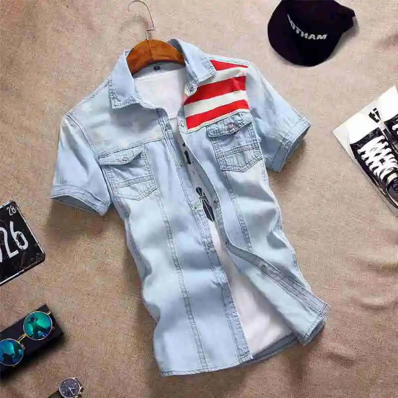 2302, летние повседневные мужские рубашки, облегающие, Camisa, джинсы, модные, короткий рукав, Chemise Homme, рваные, джинсовые рубашки, мужские M-3XL - Цвет: flag light blue